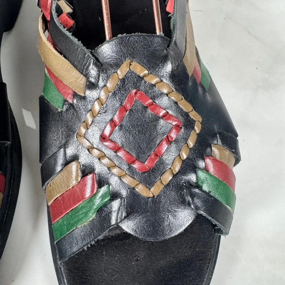 Vintage‎ Dr. Scholl's Huaraches Mexican Sandals Woven Black Leather Boho 7.5 W